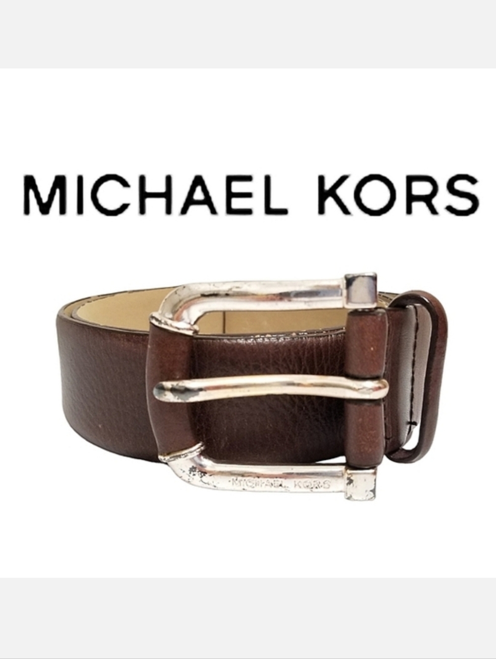 Michael Kors Brown Leather Belt  Branded Silver-tone Buckle Sz S